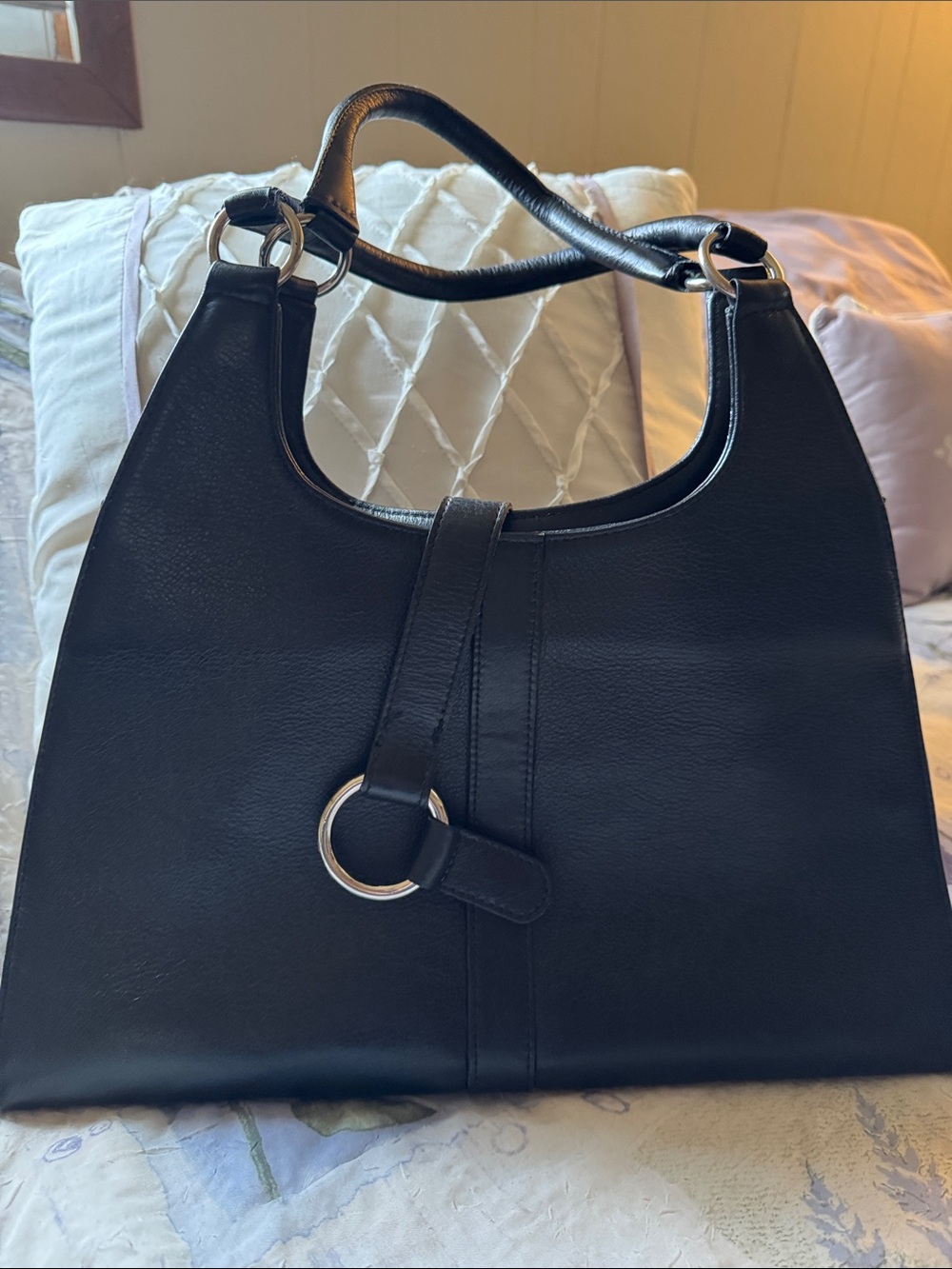 Kooba Black Leather Shoulder Bag with Silver Ring Accent